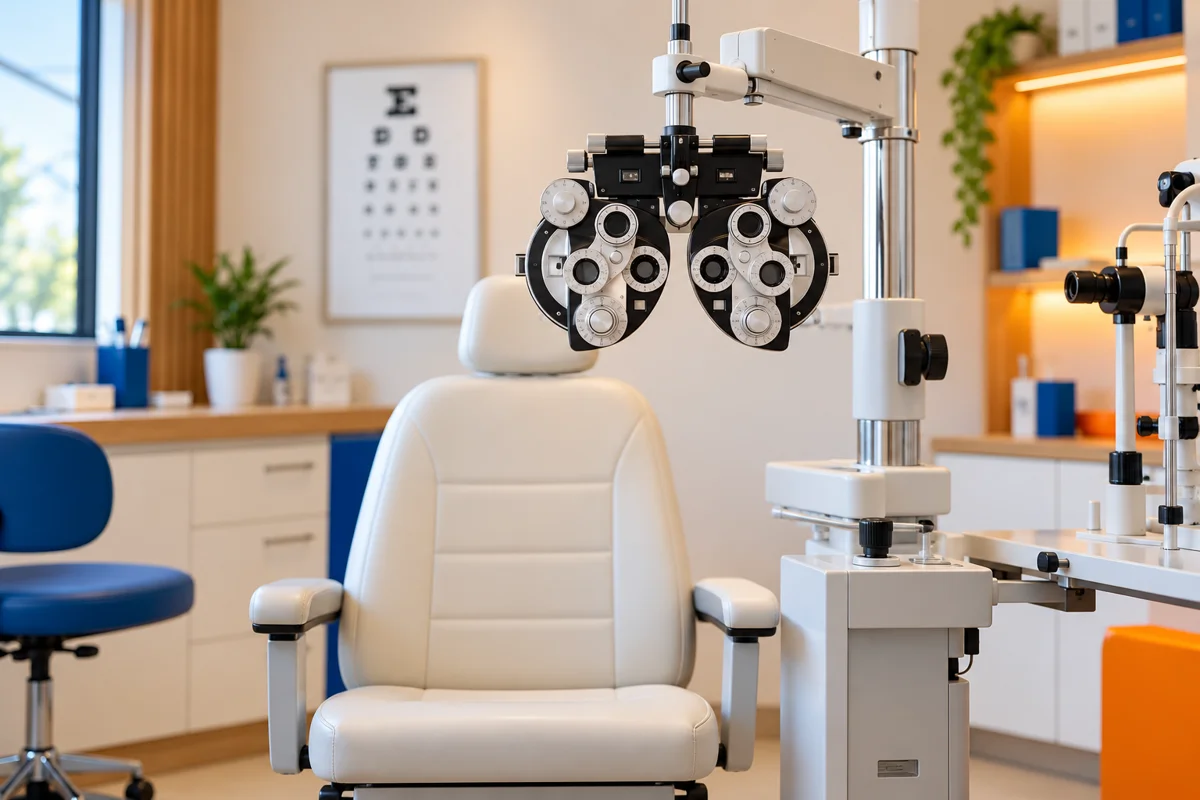 Imagem ilustrativa de consultório para avaliação da visão, com cadeira e equipamento de teste de lentes